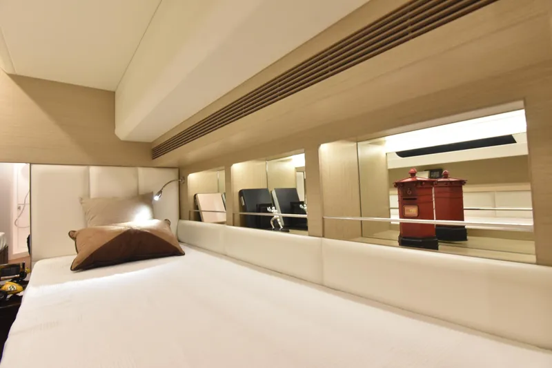 Hideout Yacht Photos Pics Luxurious bedroom interior of 2022 Horizon PC65 yacht with modern design and comfortable bedding.