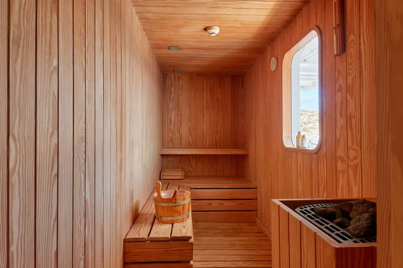 Hayama Yacht Photos Pics Wooden sauna interior on a 1988 Custom Hakodate Shipyard vessel.