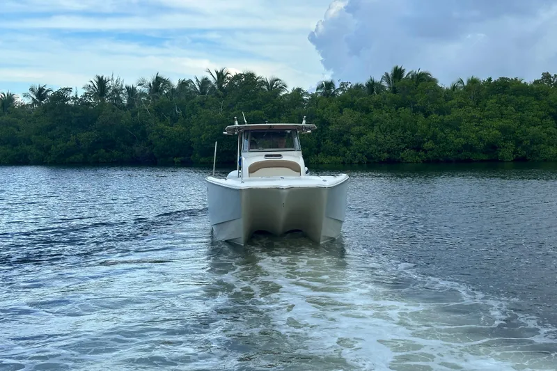  Yacht Photos Pics 2009 Mamba 350 boat cruising on a calm river with lush greenery.