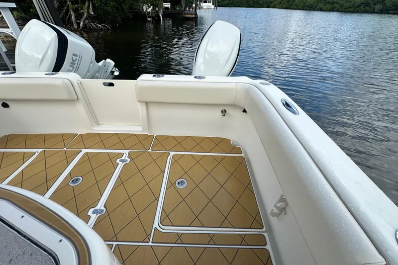  Yacht Photos Pics Boat interior with teak flooring, Mamba 350 model, 2009, near water.