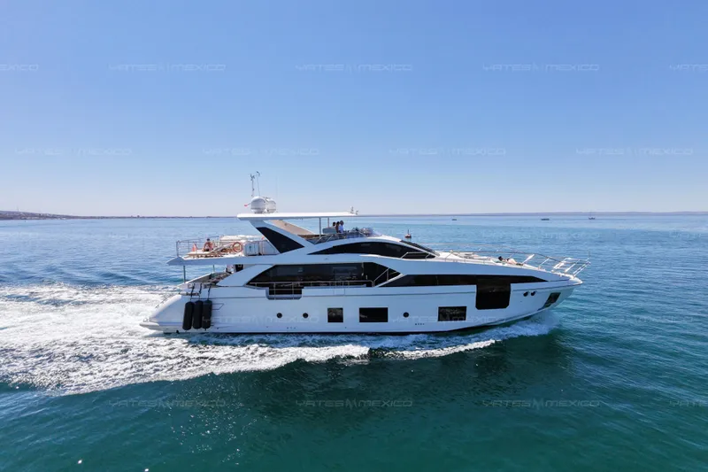 Aleph Yacht Photos Pics Luxury Azimut Grande 27M yacht cruising on open sea, 2019 model.