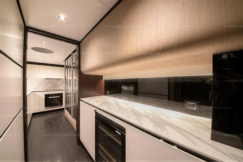 Aleph Yacht Photos Pics Luxurious kitchen interior of 2019 Azimut Grande 27M yacht with modern design elements.