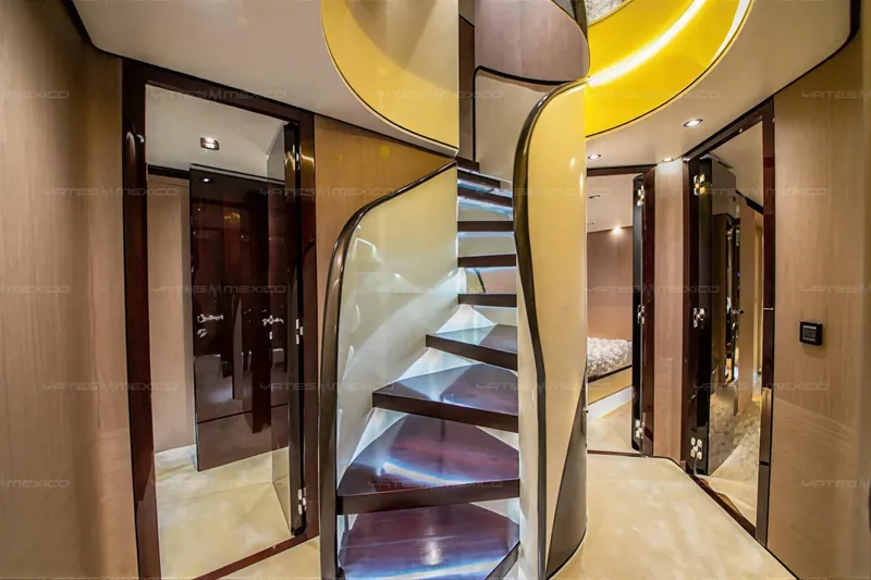 Aleph Yacht Photos Pics Luxurious interior of 2019 Azimut Grande 27M yacht with elegant spiral staircase.