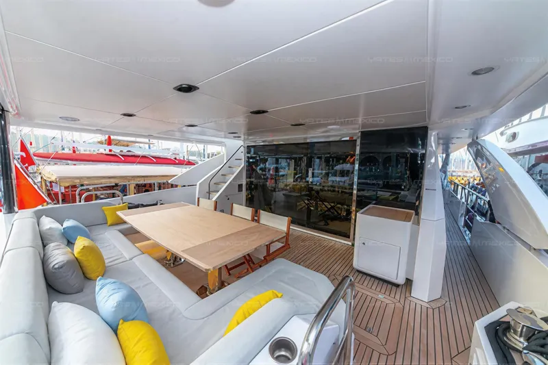 Aleph Yacht Photos Pics Luxurious 2019 Azimut Grande 27M yacht deck with elegant seating and dining area.