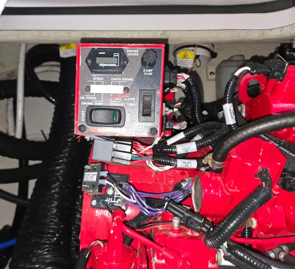 Live It Up Yacht Photos Pics Engine control panel of 2020 Four Winns V355FX OB boat, showing wiring and components.