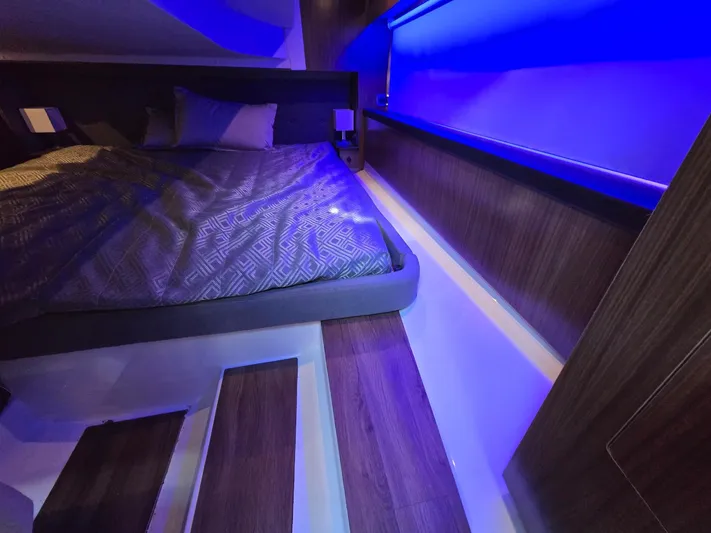 Live It Up Yacht Photos Pics Interior cabin of 2020 Four Winns V355FX OB with blue ambient lighting.