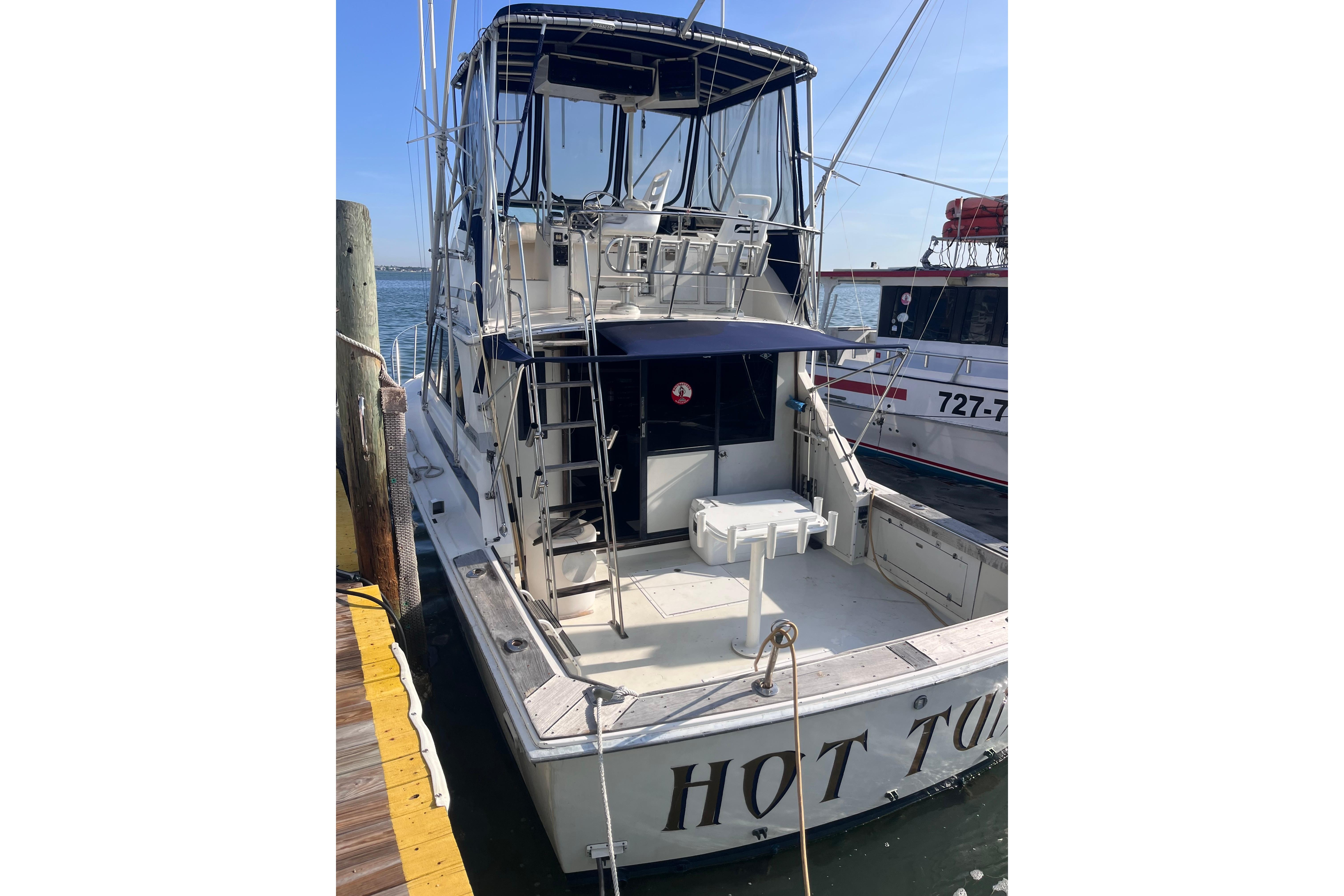 1981 Bertram 35 Sportfish boat docked at marina, rear view.