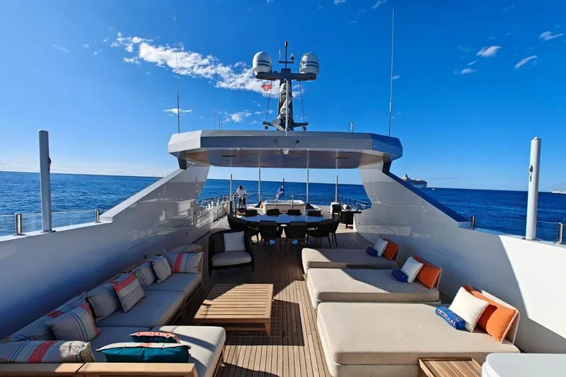 Zig Zag Ocean Yacht Photos Pics Luxurious Admiral 45 Meters yacht deck with seating, ocean view, 2014 model.