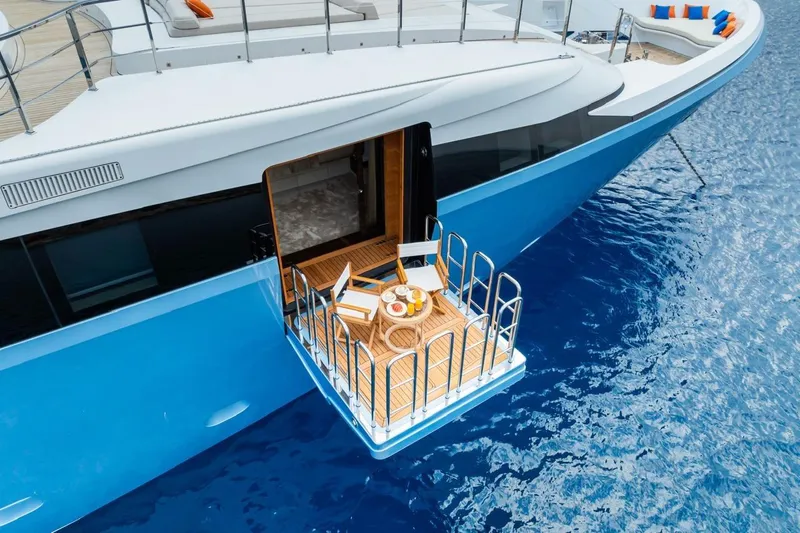 Zig Zag Ocean Yacht Photos Pics Luxury Admiral 45 METERS yacht with a private deck, 2014 model, on serene blue water.
