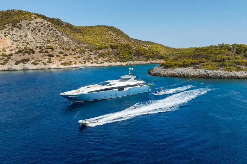 Zig Zag Ocean Yacht Photos Pics Luxurious 2014 Admiral 45-meter yacht anchored in scenic coastal waters.