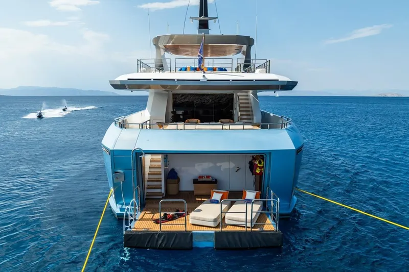 Zig Zag Ocean Yacht Photos Pics Luxurious 2014 Admiral 45 Meters yacht with sun deck, anchored in serene blue waters.
