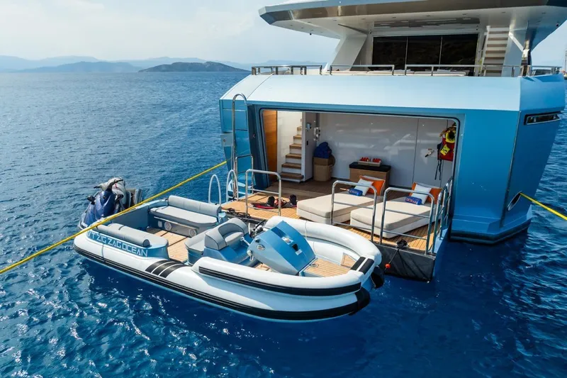 Zig Zag Ocean Yacht Photos Pics Luxury Admiral 45 METERS yacht with tender and sun loungers, 2014 model, on serene ocean.