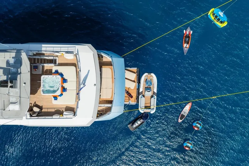 Zig Zag Ocean Yacht Photos Pics Aerial view of 2014 Admiral 45 METERS yacht with water toys and jacuzzi.
