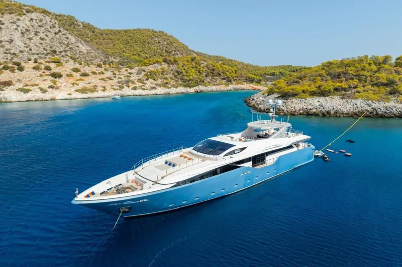 Zig Zag Ocean Yacht Photos Pics Luxurious 2014 Admiral 45 Meters yacht anchored in a serene, picturesque bay.