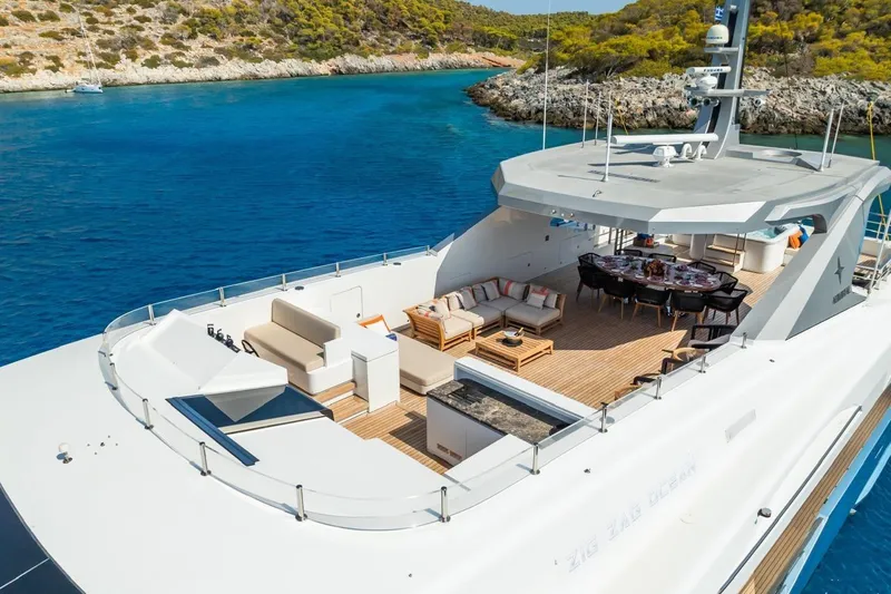 Zig Zag Ocean Yacht Photos Pics Luxurious 2014 Admiral 45 Meters yacht with spacious deck and elegant seating area.