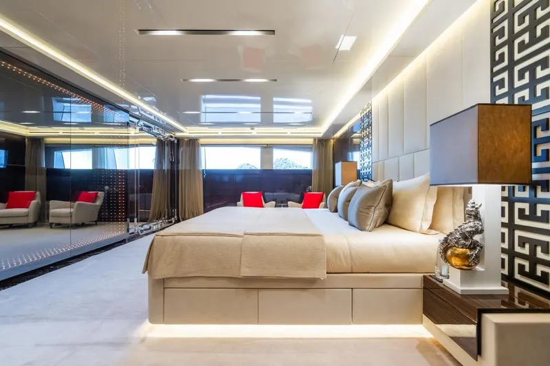 Zig Zag Ocean Yacht Photos Pics Luxurious bedroom interior on 2014 Admiral 45 Meters yacht, featuring elegant decor and modern design.