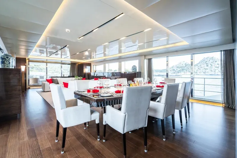 Zig Zag Ocean Yacht Photos Pics Luxurious dining area on 2014 Admiral 45 METERS yacht with elegant decor and scenic views.