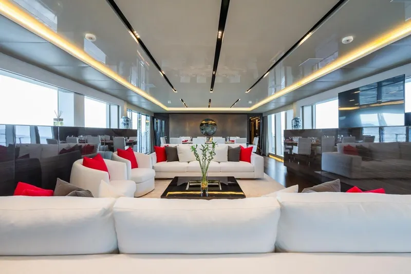 Zig Zag Ocean Yacht Photos Pics Luxurious interior of 2014 Admiral 45 Meters yacht with modern decor and plush seating.