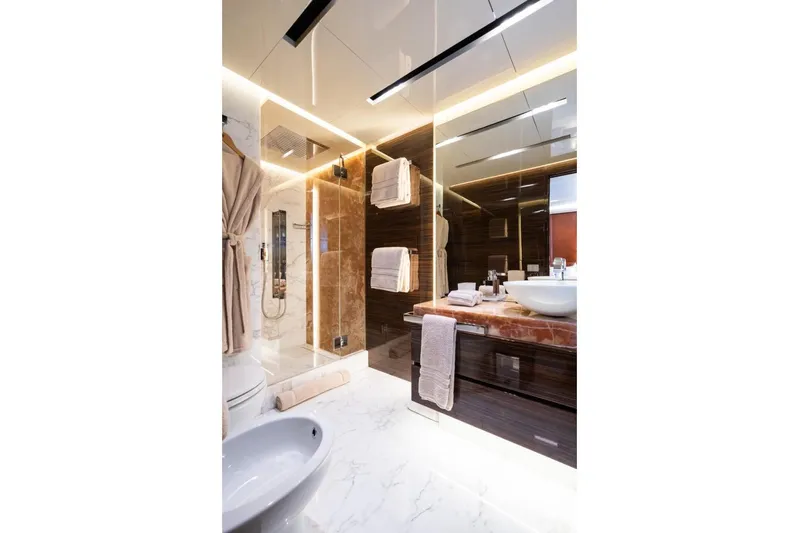 Zig Zag Ocean Yacht Photos Pics Luxurious yacht bathroom with marble accents, modern fixtures, and elegant lighting, Admiral 45 METERS 2014.