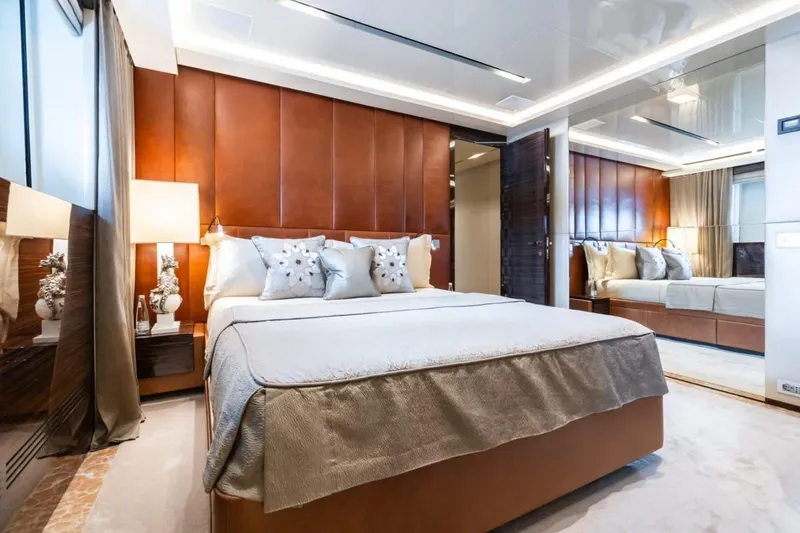 Zig Zag Ocean Yacht Photos Pics Luxurious bedroom interior on Admiral 45 METERS yacht, 2014 model, featuring elegant decor and plush bedding.