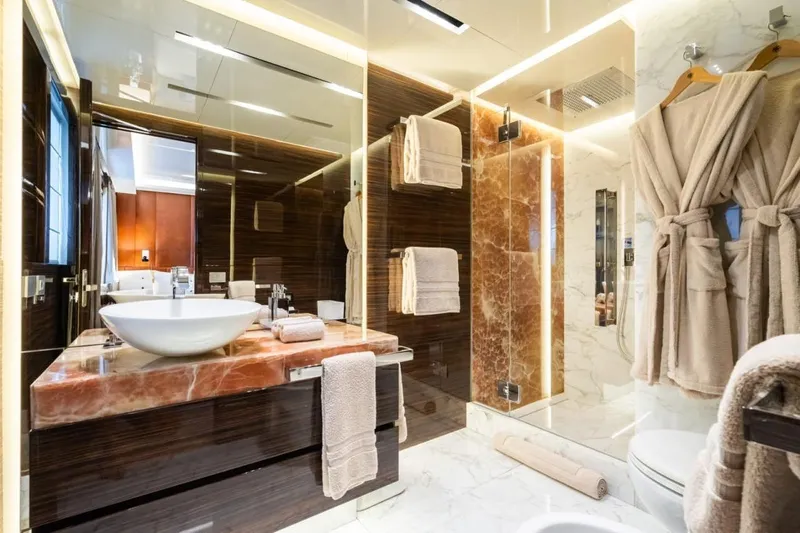 Zig Zag Ocean Yacht Photos Pics Luxurious yacht bathroom with marble accents, modern fixtures, and plush robes, Admiral 45 METERS 2014.