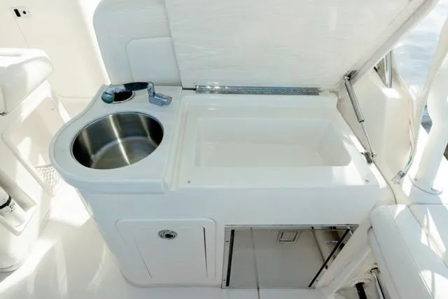  Yacht Photos Pics 2017 Grady-White Freedom 307 boat interior with sink and storage area.