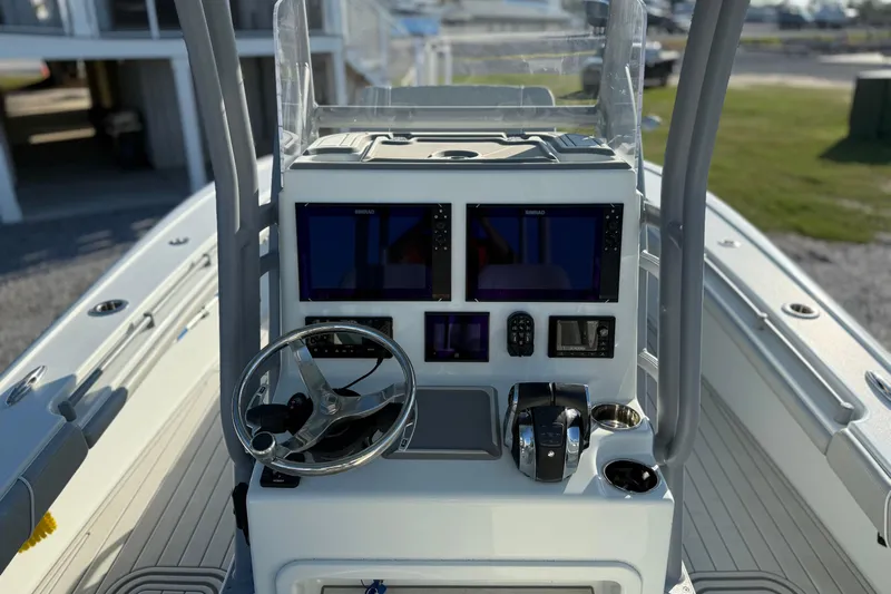  Yacht Photos Pics 2021 Costa Custom Boats 264 HC helm with dual displays and steering wheel.
