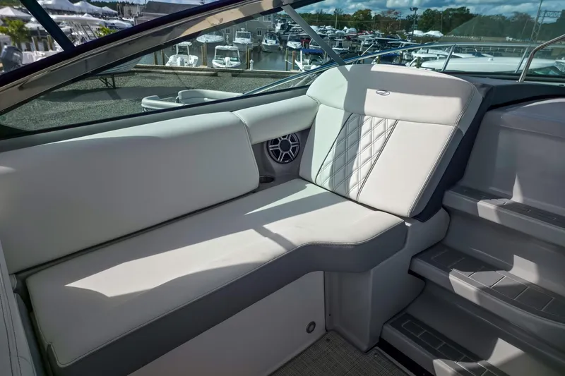  Yacht Photos Pics 2026 Regal 33 XO boat interior with luxurious seating and modern design.