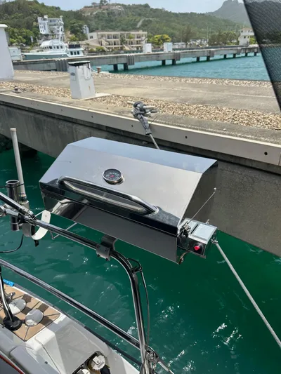  Yacht Photos Pics Stainless steel grill on a 2014 Beneteau Oceanis 50 yacht docked at a marina.