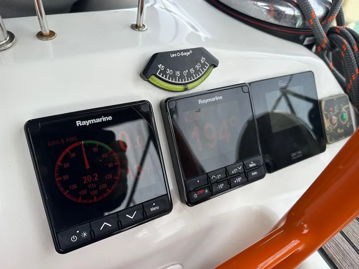  Yacht Photos Pics Control panel of a 2014 Beneteau Oceanis 50 sailboat with Raymarine instruments.