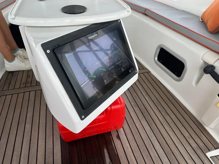  Yacht Photos Pics Raymarine navigation display on 2014 Beneteau Oceanis 50 yacht with teak deck.