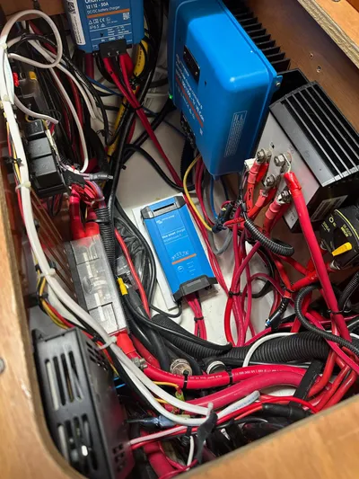  Yacht Photos Pics Electrical system of a 2014 Beneteau Oceanis 50 sailboat with wiring and components.