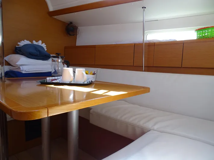 Sea Sea Rider Yacht Photos Pics Interior of 2017 Jeanneau Sun Odyssey 389 yacht with cozy seating and wooden table.