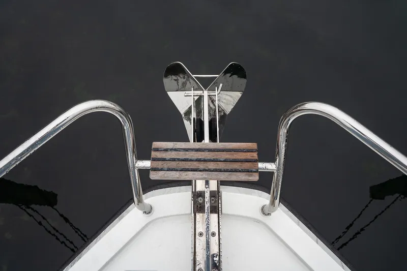  Yacht Photos Pics Bow view of 2021 Sealine F430 yacht with anchor and wooden platform.