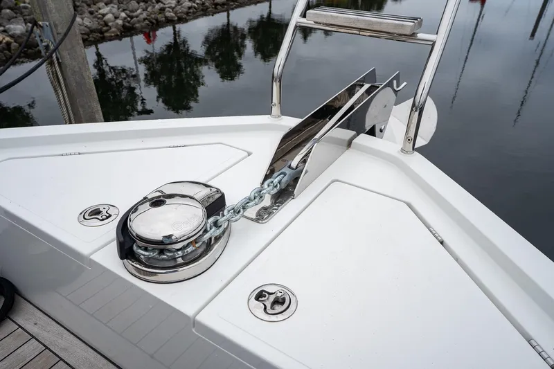  Yacht Photos Pics Anchor system on 2021 Sealine F430 yacht, featuring polished metal and chain detail.