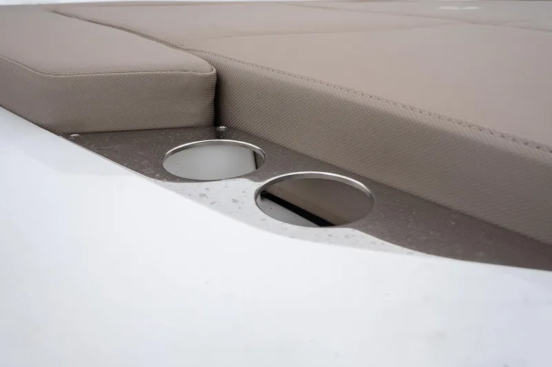  Yacht Photos Pics 2021 Sealine F430 boat with beige seating and integrated cup holders.