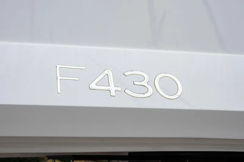  Yacht Photos Pics Sealine F430 yacht emblem on white surface, 2021 model.