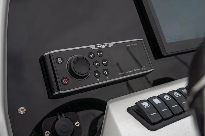  Yacht Photos Pics Control panel of 2021 Sealine F430 yacht featuring Fusion audio system.