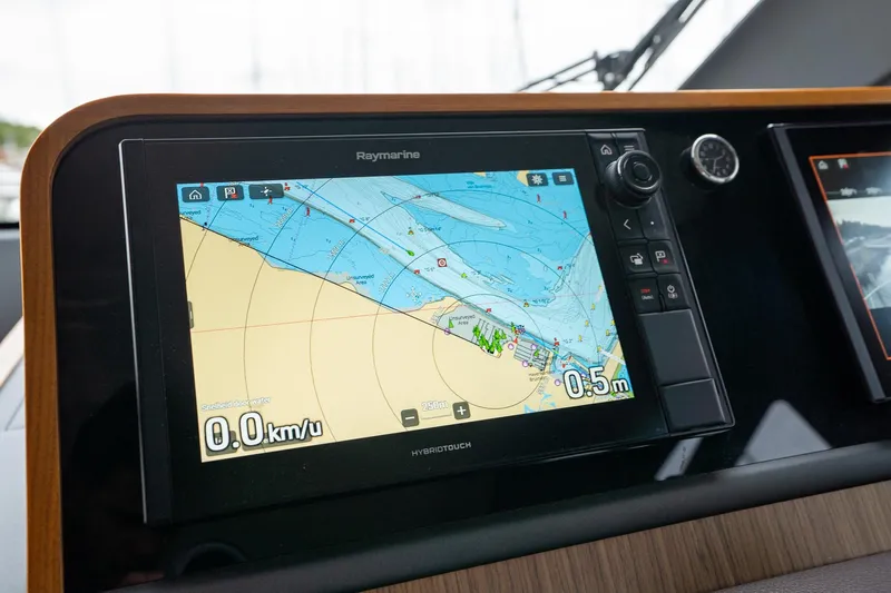  Yacht Photos Pics Raymarine navigation display on 2021 Sealine F430 yacht, showing nautical chart and controls.