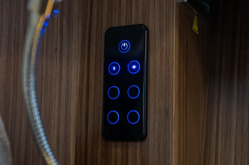  Yacht Photos Pics Control panel with blue LED buttons on 2021 Sealine F430 yacht interior.