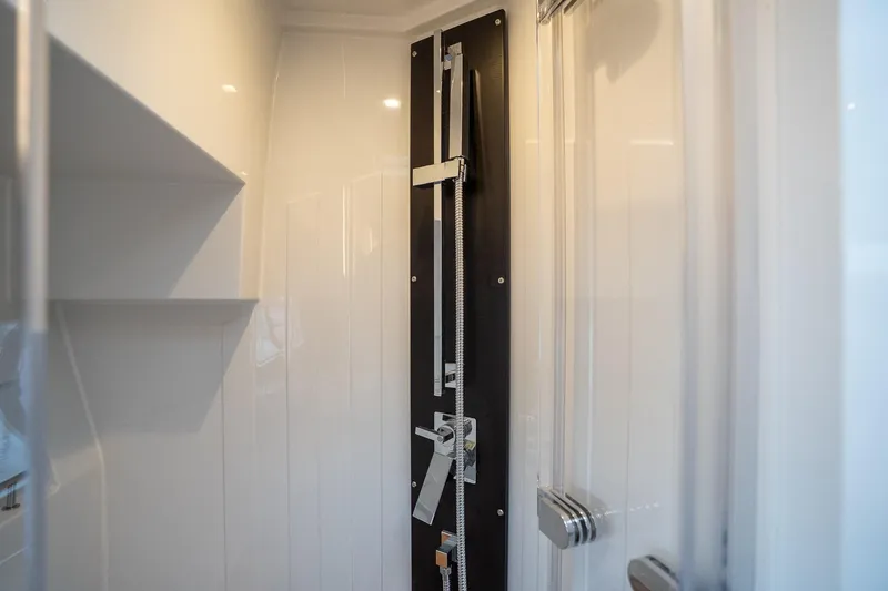  Yacht Photos Pics 2021 Sealine F430 yacht shower with modern fixtures and sleek design.