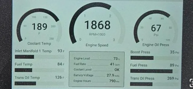 Waverunner Yacht Photos Pics 2022 Custom Carolina Sportfish engine performance display showing coolant temp, engine speed, and oil pressure.