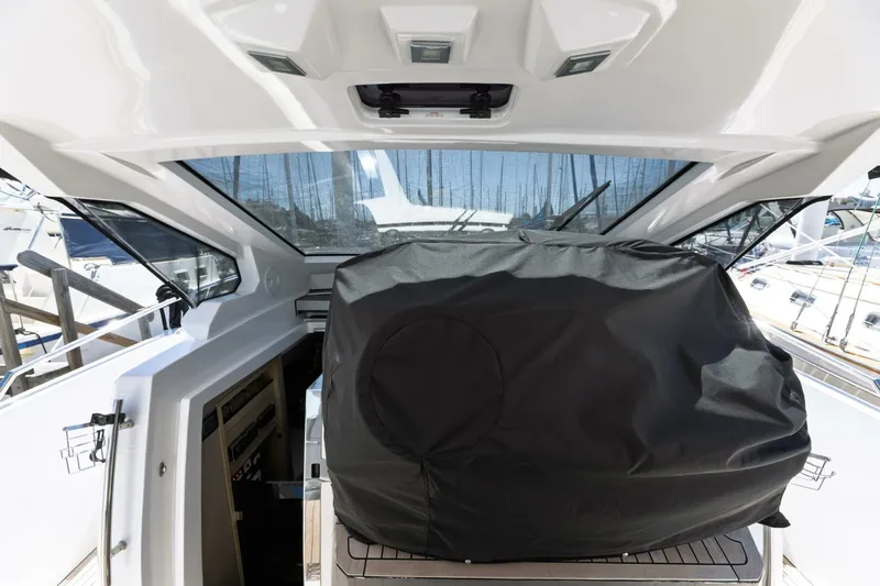 Loki Yacht Photos Pics 2018 Azimut Verve 40 yacht interior with covered equipment, showcasing sleek design and modern features.