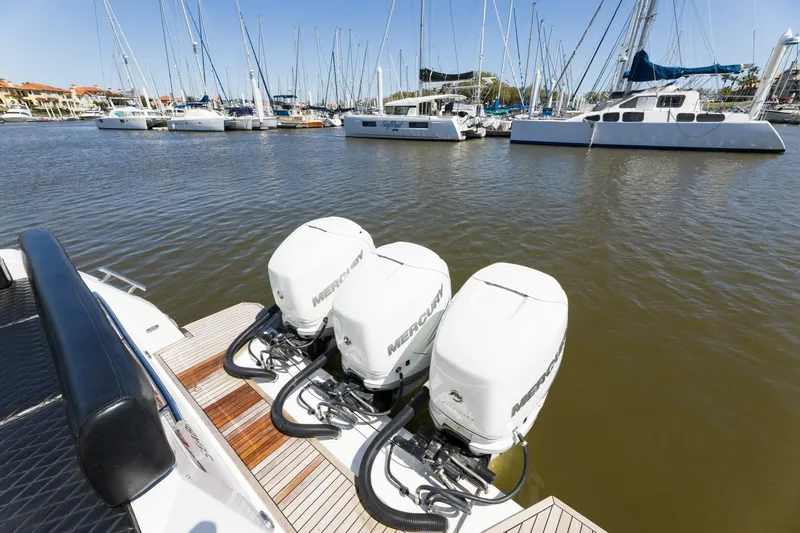 Loki Yacht Photos Pics Azimut Verve 40 yacht with triple Mercury outboard engines docked in marina, 2018 model.