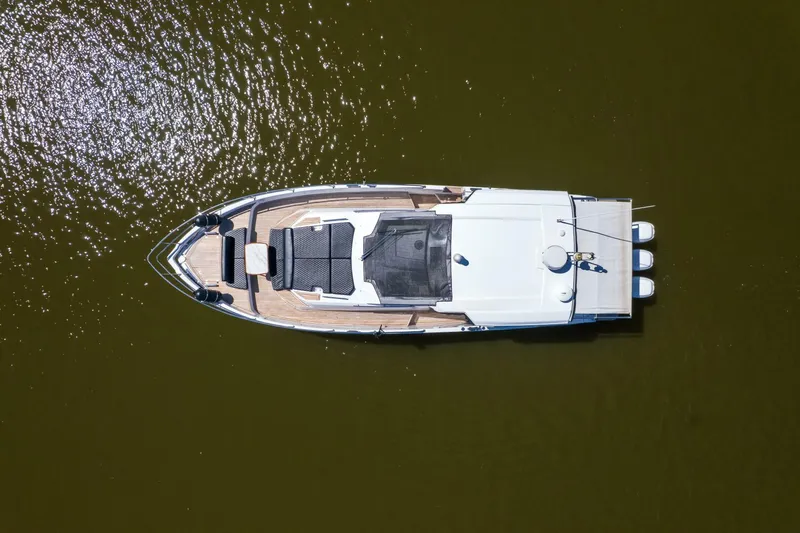 Loki Yacht Photos Pics Overhead view of 2018 Azimut Verve 40 yacht on calm water.