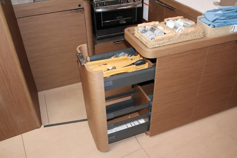 Spellbound Yacht Photos Pics Modern galley drawer, pull-out storage.