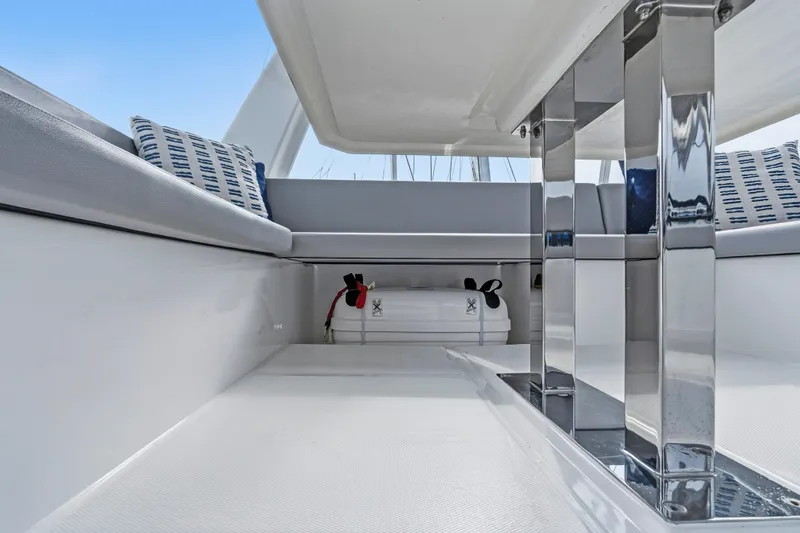 Closer To The Sun Yacht Photos Pics 2025 Leopard 53 Powercat interior with sleek seating and modern design elements.