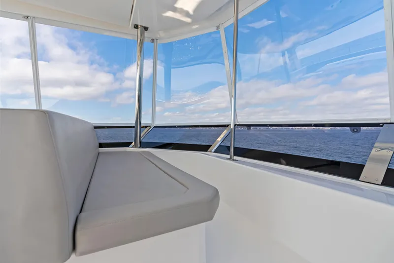Closer To The Sun Yacht Photos Pics Interior view of 2025 Leopard 53 Powercat with ocean backdrop.