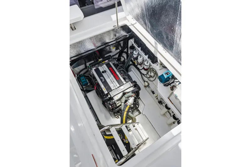 Closer To The Sun Yacht Photos Pics Engine compartment of 2025 Leopard 53 Powercat, showcasing modern marine engineering.