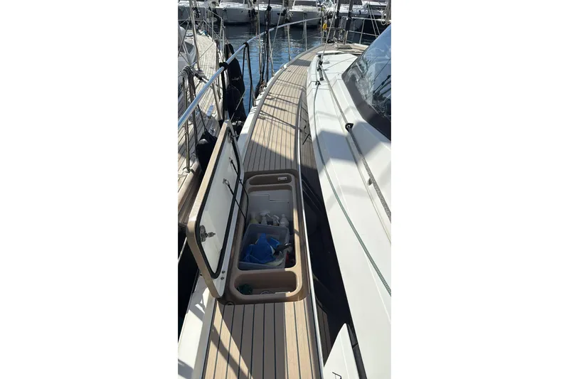  Yacht Photos Pics Amel 50 yacht deck with open storage compartment, 2019 model.